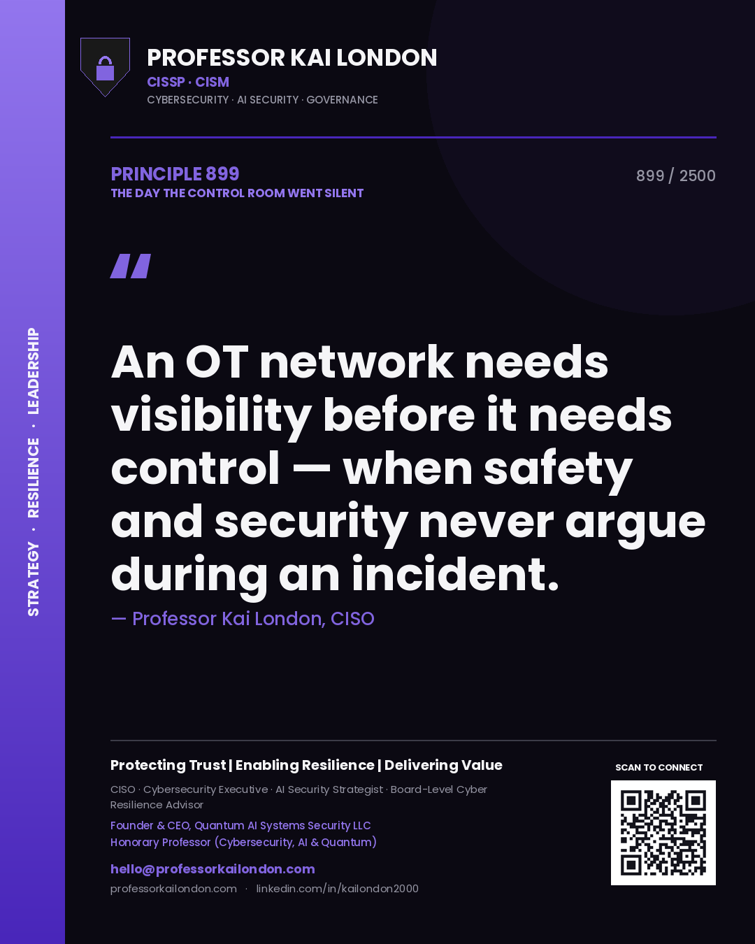 Quote card by Professor Kai London reading 'An OT network needs visibility before it needs control — when safety and security never argue during an incident.'. From the book The Day the Control Room Went Silent.