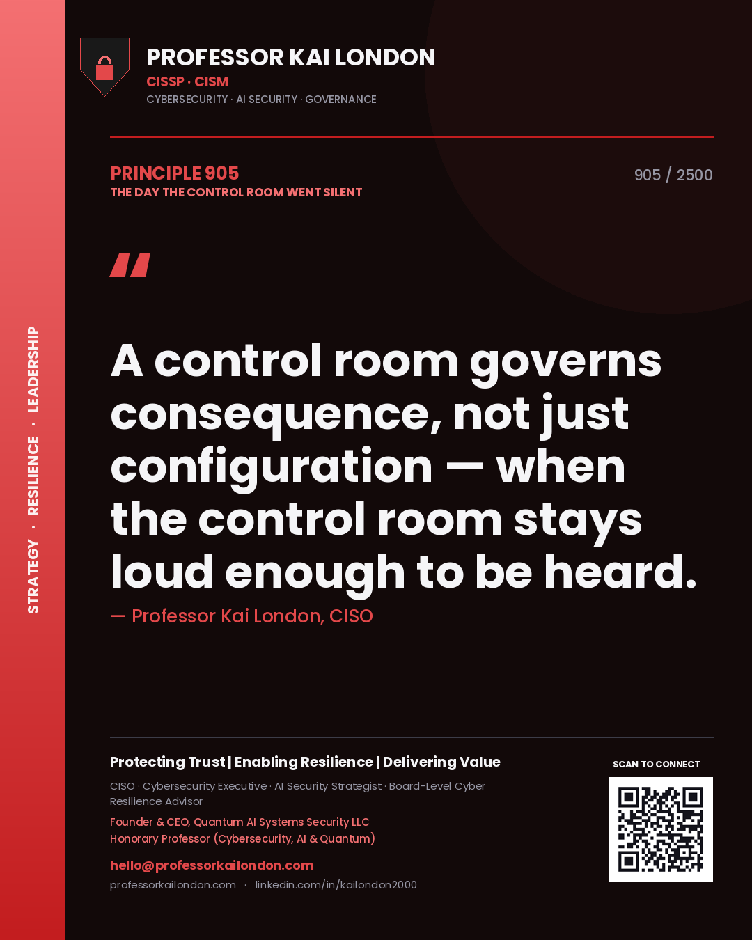 Quote card by Professor Kai London reading 'A control room governs consequence, not just configuration — when the control room stays loud enough to be heard.'. From the book The Day the Control Room Went Silent.