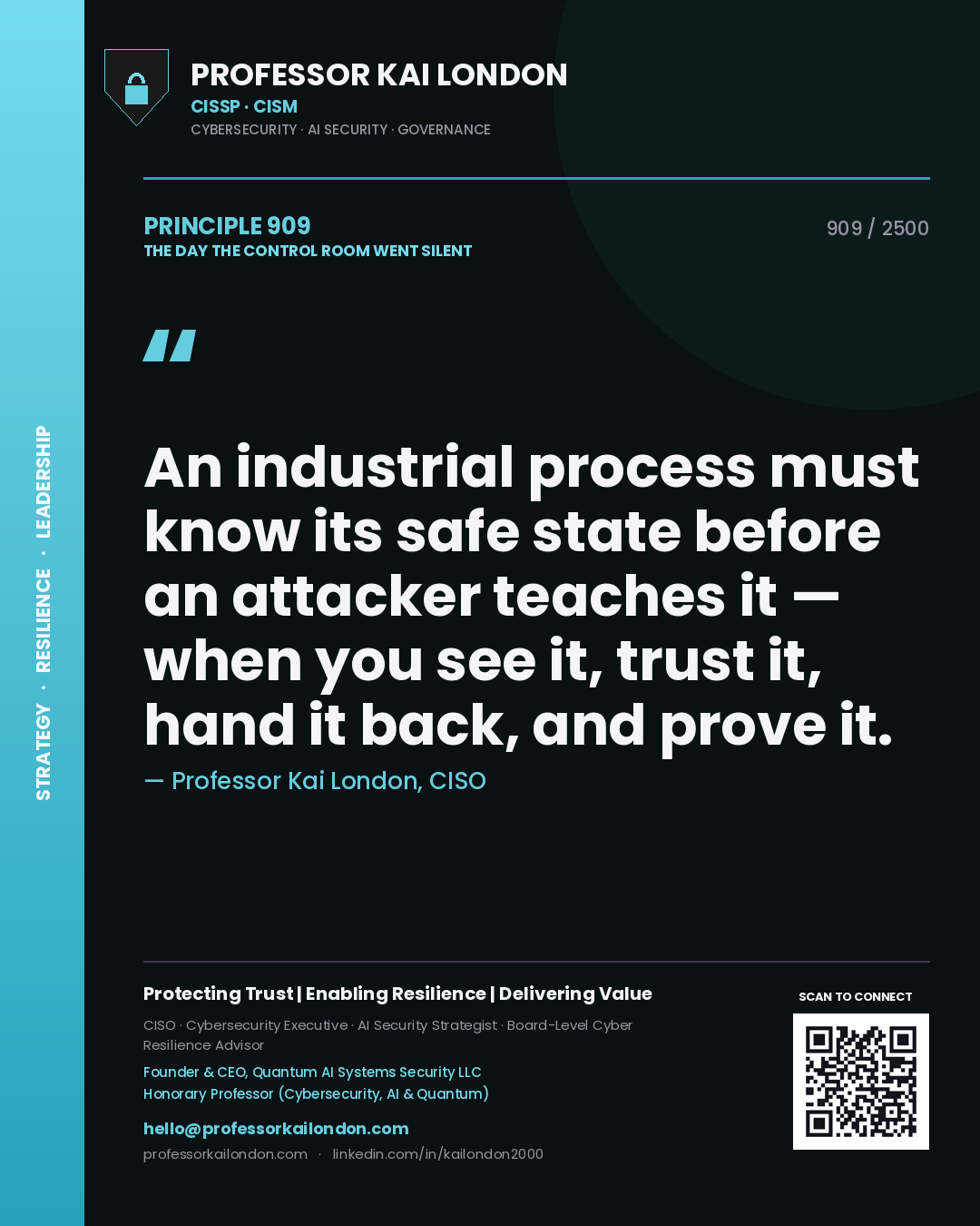 Quote card by Professor Kai London reading 'An industrial process must know its safe state before an attacker teaches it — when you see it, trust it, hand it back, and prove it.'. From the book The Day the Control Room Went Silent.