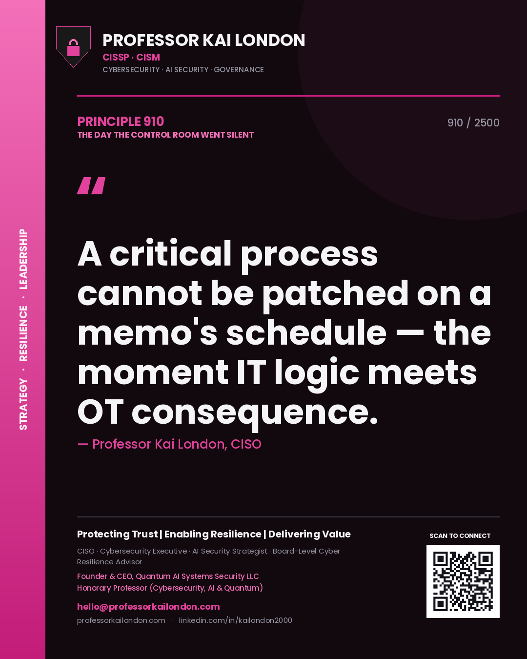 Quote card by Professor Kai London reading 'A critical process cannot be patched on a memo's schedule — the moment IT logic meets OT consequence.'. From the book The Day the Control Room Went Silent.