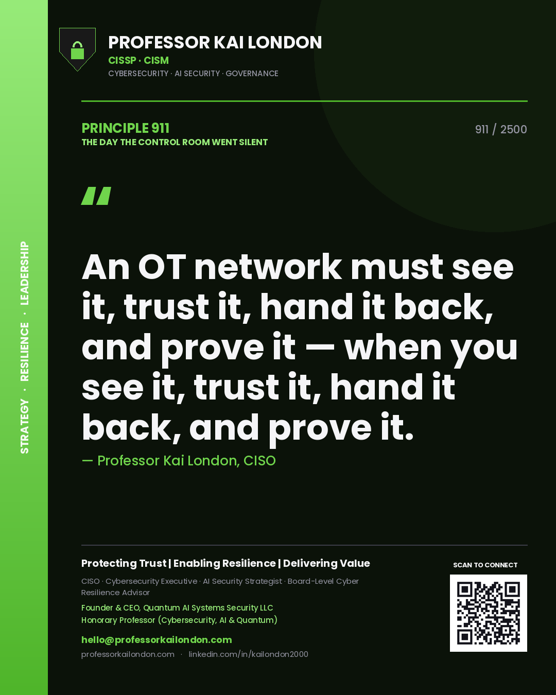 Quote card by Professor Kai London reading 'An OT network must see it, trust it, hand it back, and prove it — when you see it, trust it, hand it back, and prove it.'. From the book The Day the Control Room Went Silent.