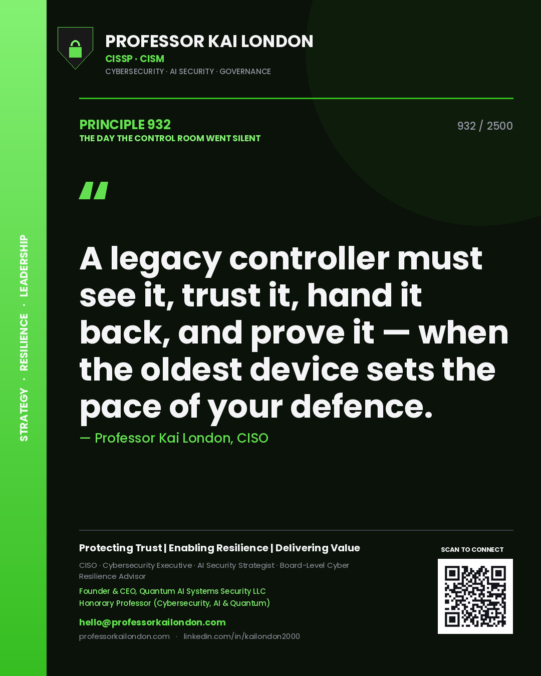 Quote card by Professor Kai London reading 'A legacy controller must see it, trust it, hand it back, and prove it — when the oldest device sets the pace of your defence.'. From the book The Day the Control Room Went Silent.
