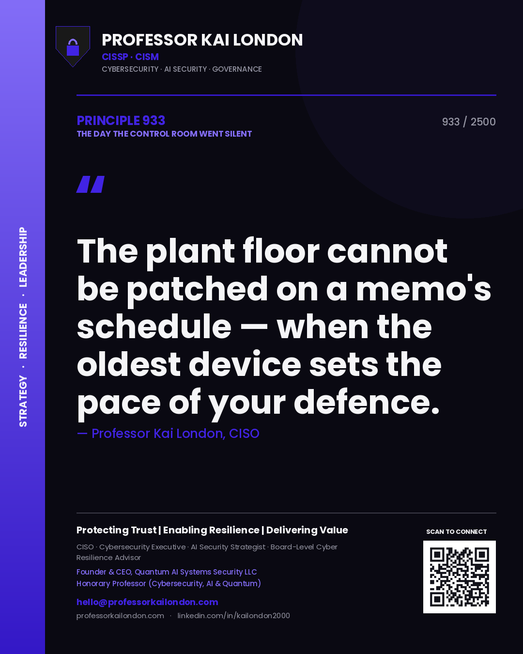 Quote card by Professor Kai London reading 'The plant floor cannot be patched on a memo's schedule — when the oldest device sets the pace of your defence.'. From the book The Day the Control Room Went Silent.