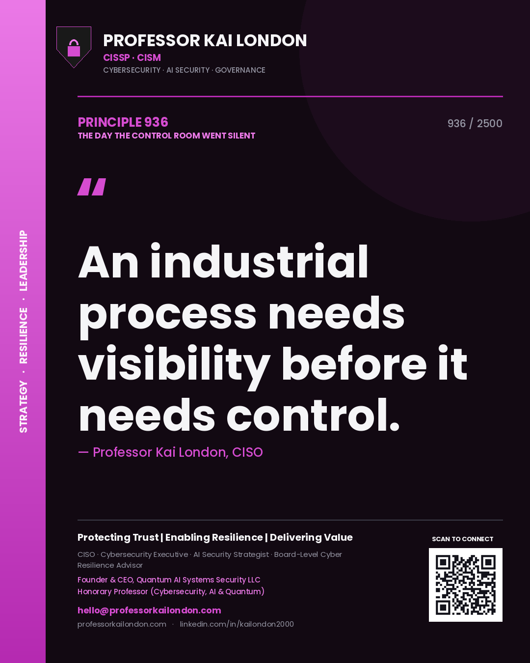 Quote card by Professor Kai London reading 'An industrial process needs visibility before it needs control.'. From the book The Day the Control Room Went Silent.