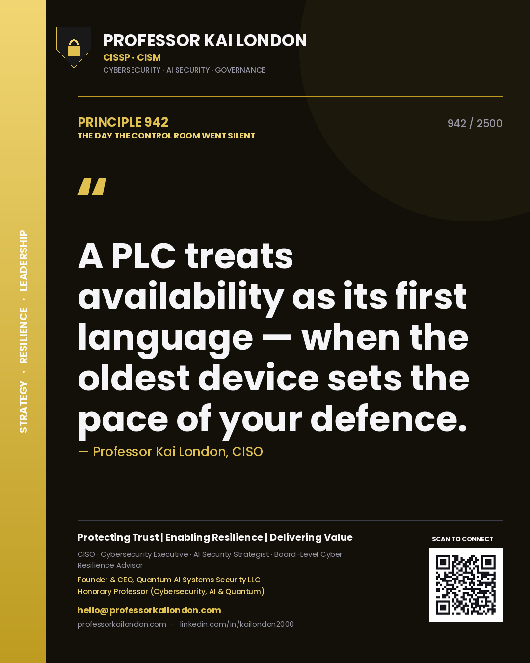 Quote card by Professor Kai London reading 'A PLC treats availability as its first language — when the oldest device sets the pace of your defence.'. From the book The Day the Control Room Went Silent.