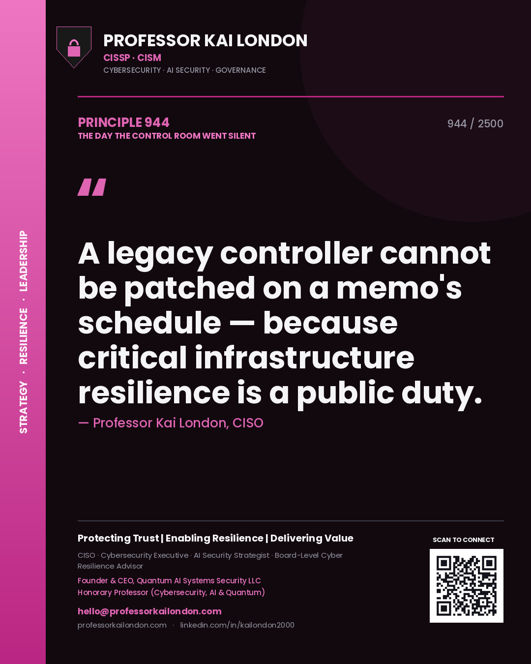Quote card by Professor Kai London reading 'A legacy controller cannot be patched on a memo's schedule — because critical infrastructure resilience is a public duty.'. From the book The Day the Control Room Went Silent.