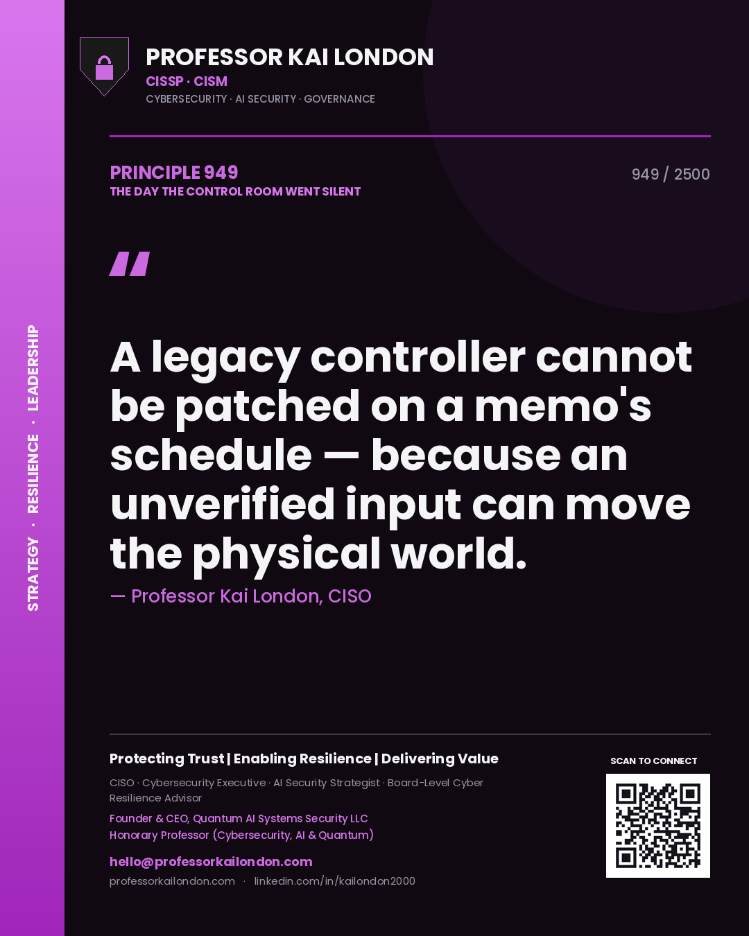 Quote card by Professor Kai London reading 'A legacy controller cannot be patched on a memo's schedule — because an unverified input can move the physical world.'. From the book The Day the Control Room Went Silent.