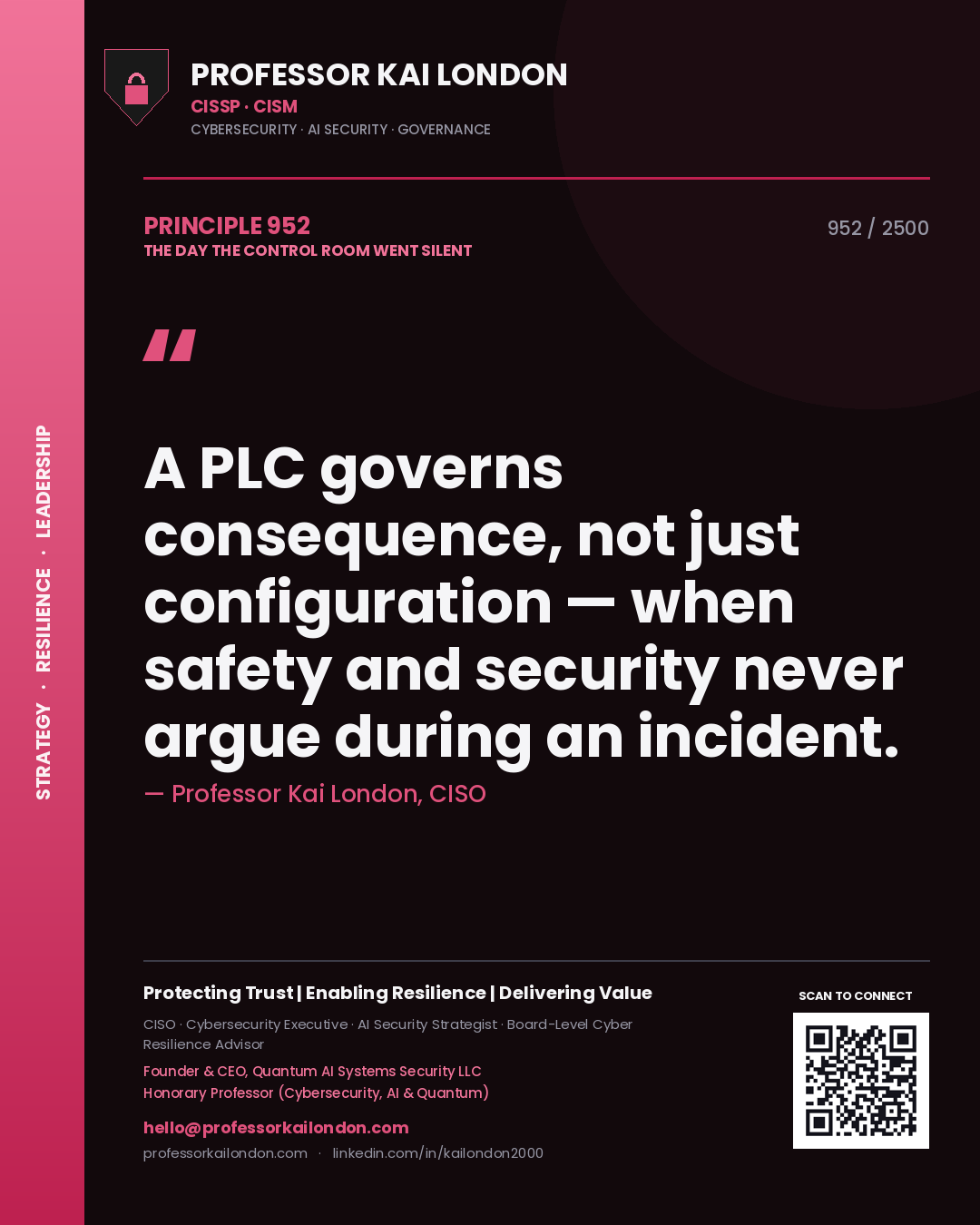 Quote card by Professor Kai London reading 'A PLC governs consequence, not just configuration — when safety and security never argue during an incident.'. From the book The Day the Control Room Went Silent.
