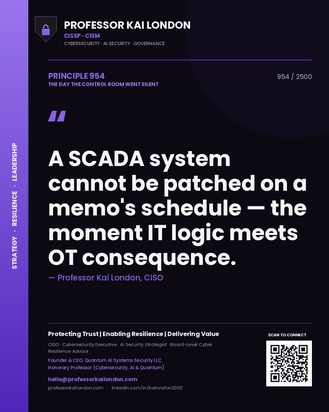 Quote card by Professor Kai London reading 'A SCADA system cannot be patched on a memo's schedule — the moment IT logic meets OT consequence.'. From the book The Day the Control Room Went Silent.