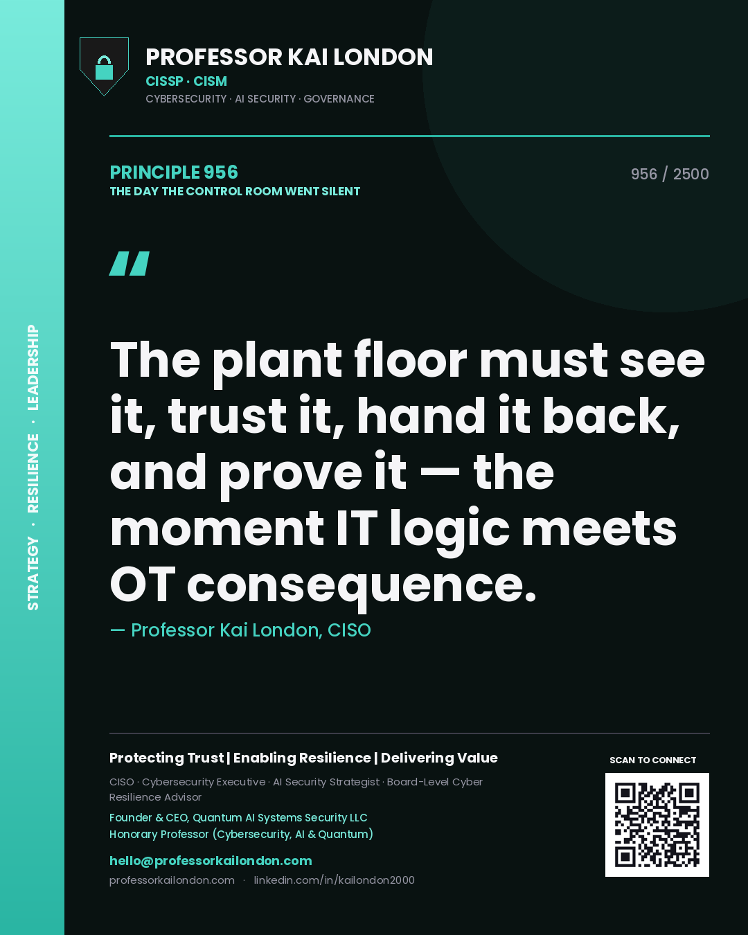 Quote card by Professor Kai London reading 'The plant floor must see it, trust it, hand it back, and prove it — the moment IT logic meets OT consequence.'. From the book The Day the Control Room Went Silent.
