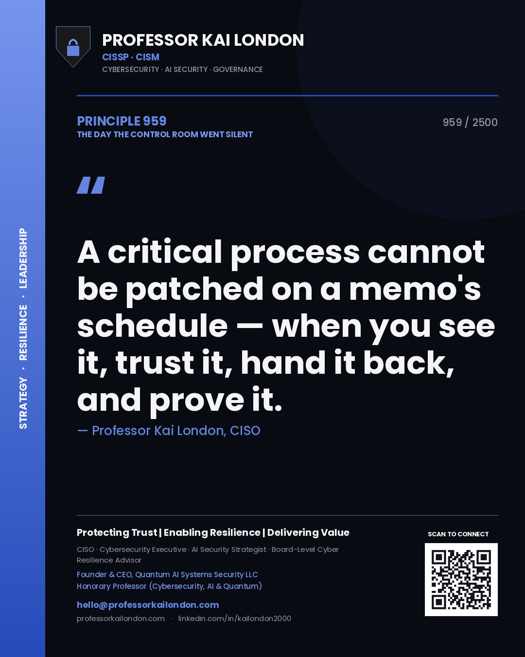 Quote card by Professor Kai London reading 'A critical process cannot be patched on a memo's schedule — when you see it, trust it, hand it back, and prove it.'. From the book The Day the Control Room Went Silent.