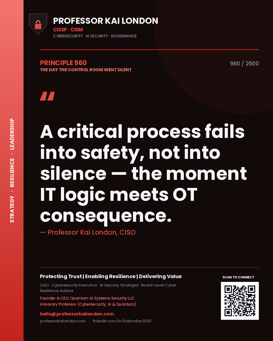 Quote card by Professor Kai London reading 'A critical process fails into safety, not into silence — the moment IT logic meets OT consequence.'. From the book The Day the Control Room Went Silent.