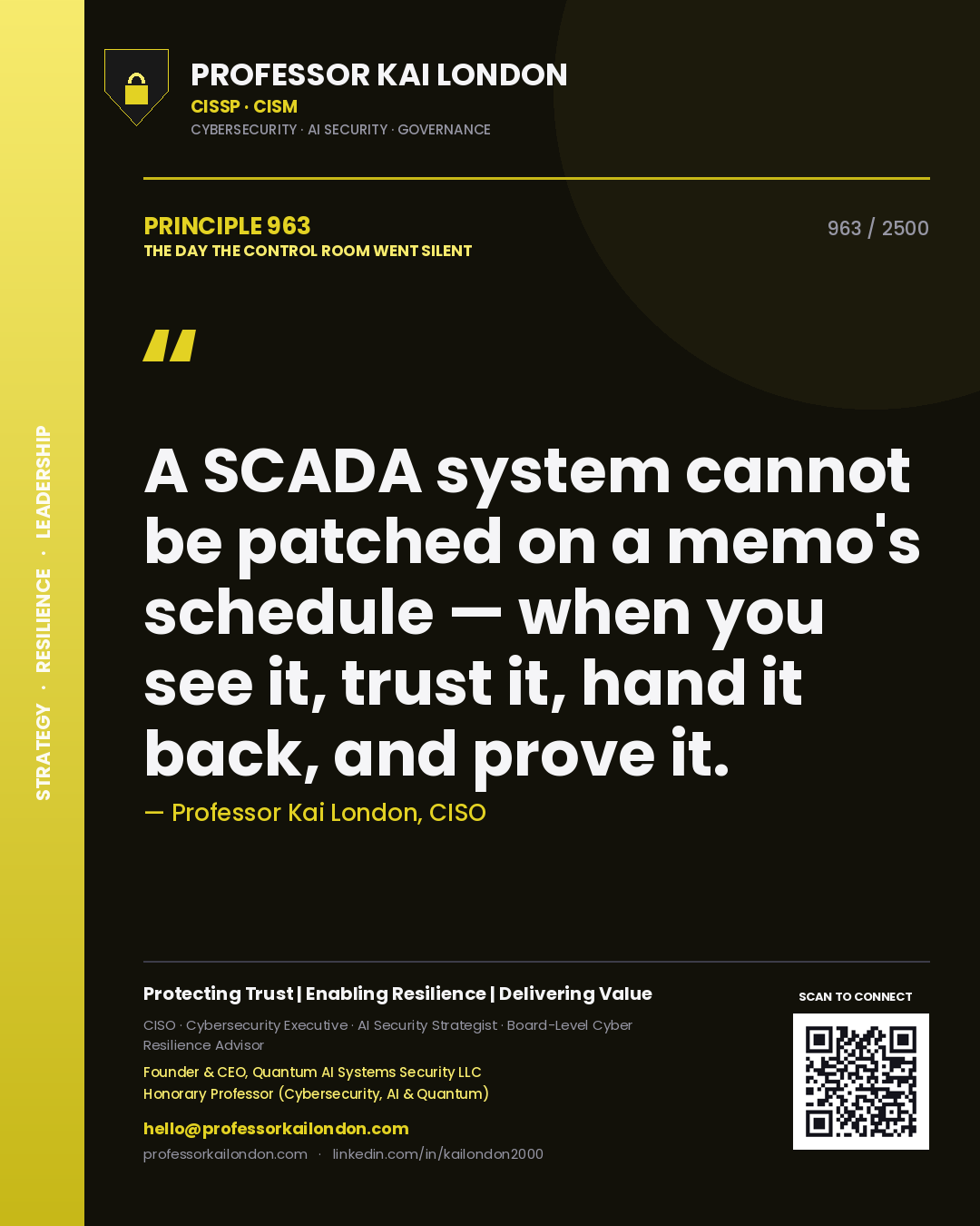 Quote card by Professor Kai London reading 'A SCADA system cannot be patched on a memo's schedule — when you see it, trust it, hand it back, and prove it.'. From the book The Day the Control Room Went Silent.