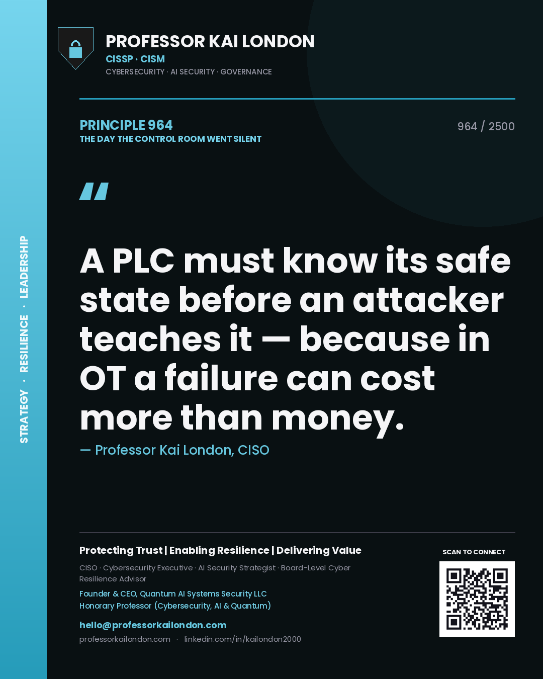 Quote card by Professor Kai London reading 'A PLC must know its safe state before an attacker teaches it — because in OT a failure can cost more than money.'. From the book The Day the Control Room Went Silent.
