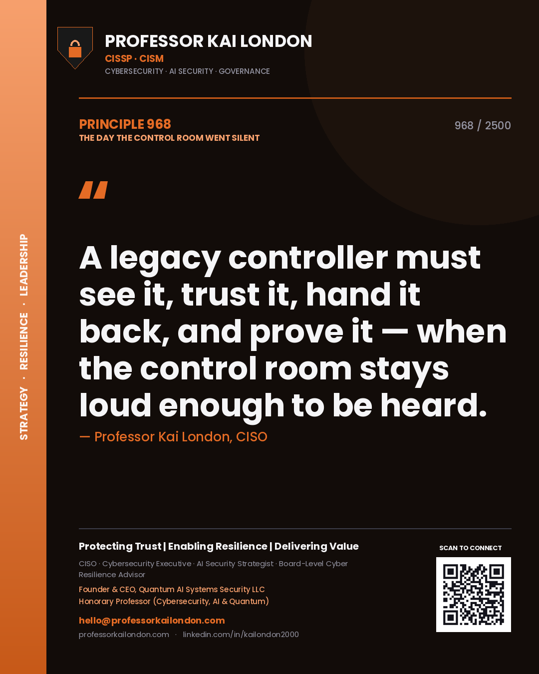 Quote card by Professor Kai London reading 'A legacy controller must see it, trust it, hand it back, and prove it — when the control room stays loud enough to be heard.'. From the book The Day the Control Room Went Silent.