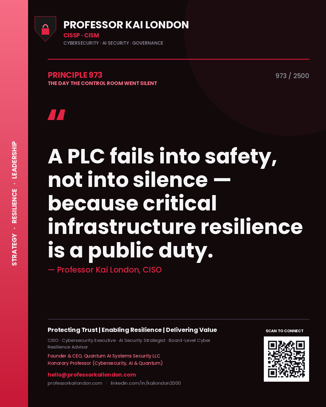 Quote card by Professor Kai London reading 'A PLC fails into safety, not into silence — because critical infrastructure resilience is a public duty.'. From the book The Day the Control Room Went Silent.