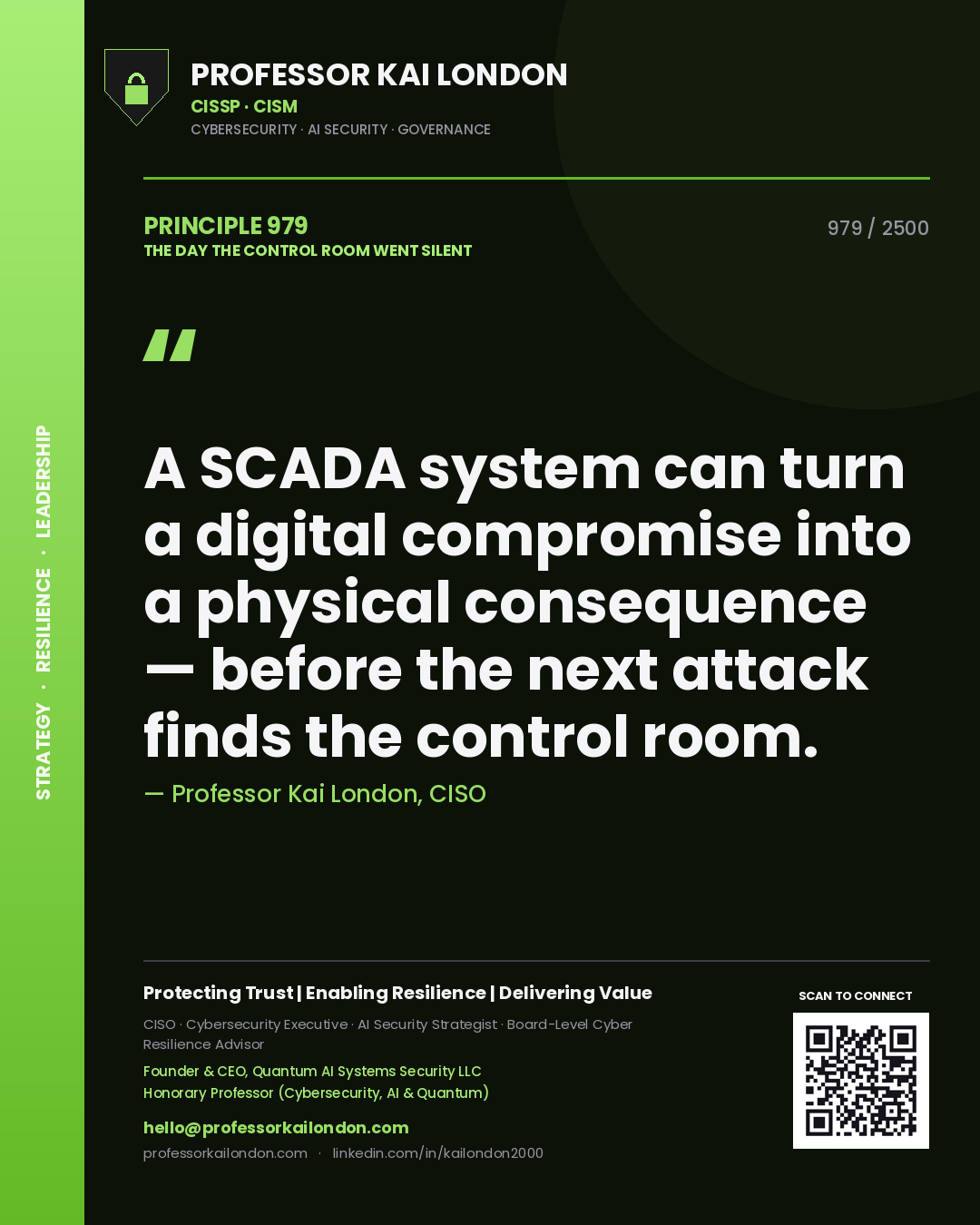 Quote card by Professor Kai London reading 'A SCADA system can turn a digital compromise into a physical consequence — before the next attack finds the control room.'. From the book The Day the Control Room Went Silent.