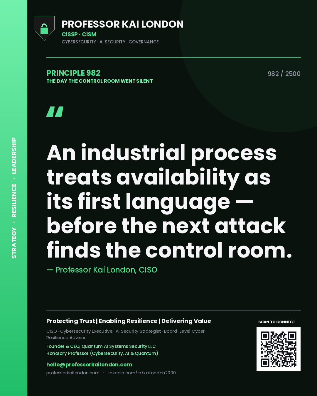 Quote card by Professor Kai London reading 'An industrial process treats availability as its first language — before the next attack finds the control room.'. From the book The Day the Control Room Went Silent.
