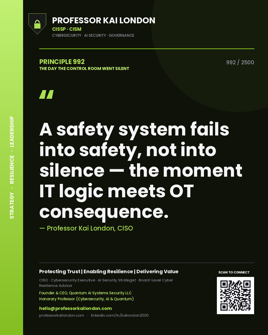 Quote card by Professor Kai London reading 'A safety system fails into safety, not into silence — the moment IT logic meets OT consequence.'. From the book The Day the Control Room Went Silent.