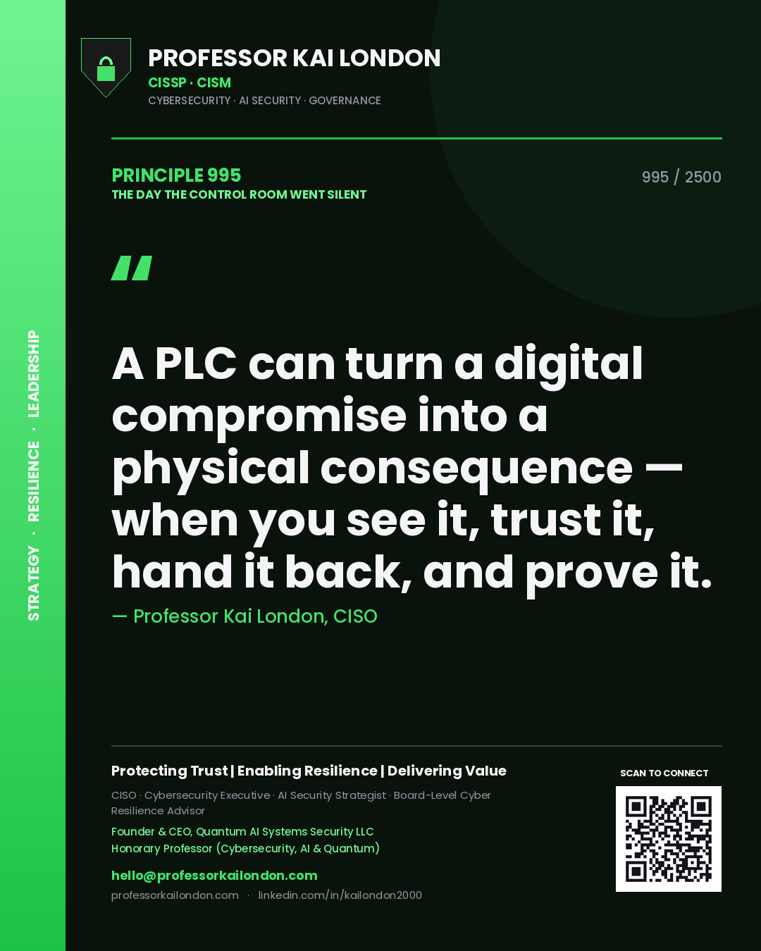 Quote card by Professor Kai London reading 'A PLC can turn a digital compromise into a physical consequence — when you see it, trust it, hand it back, and prove it.'. From the book The Day the Control Room Went Silent.
