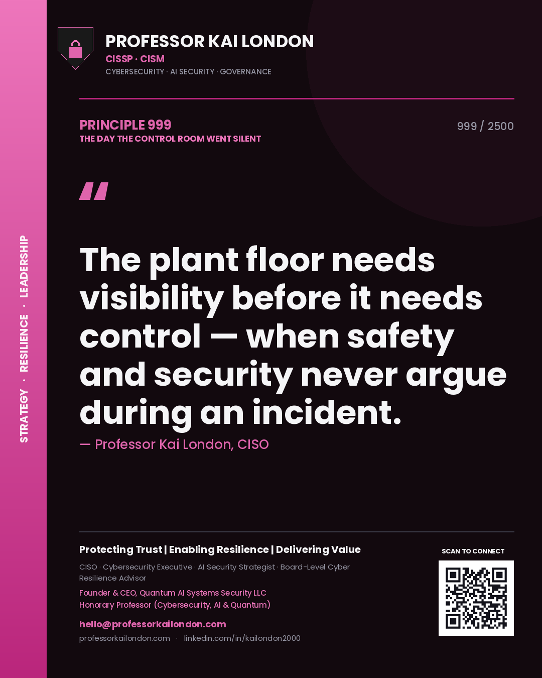 Quote card by Professor Kai London reading 'The plant floor needs visibility before it needs control — when safety and security never argue during an incident.'. From the book The Day the Control Room Went Silent.