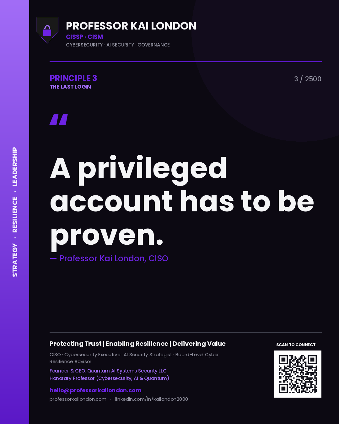 Quote card by Professor Kai London reading 'A privileged account has to be proven.'. From the book The Last Login.