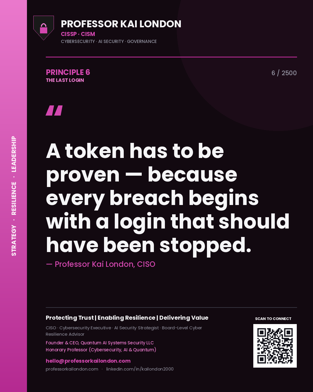 Professor Kai London principle 6: A token has to be proven — because every breach begins with a login that should have been stopped.