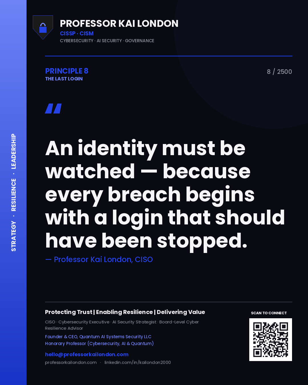 Quote card by Professor Kai London reading 'An identity must be watched — because every breach begins with a login that should have been stopped.'. From the book The Last Login.