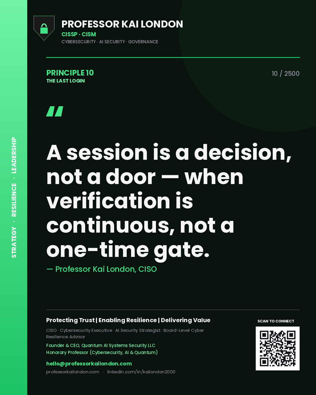 Professor Kai London principle 10: A session is a decision, not a door — when verification is continuous, not a one-time gate.