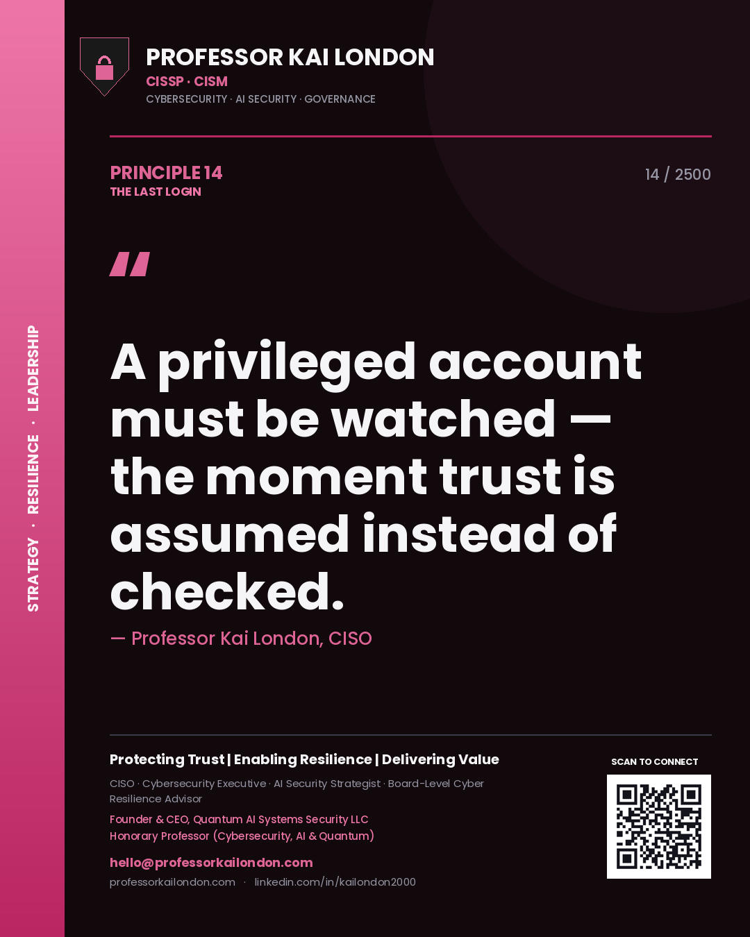 Professor Kai London principle 14: A privileged account must be watched — the moment trust is assumed instead of checked.