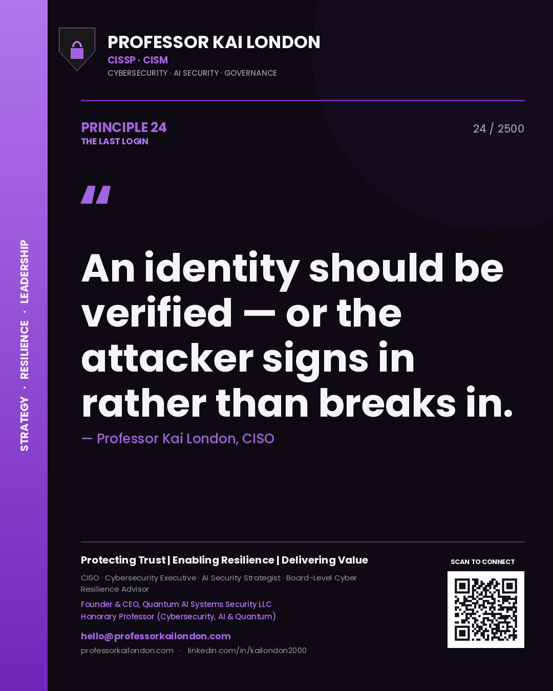 Quote card by Professor Kai London reading 'An identity should be verified — or the attacker signs in rather than breaks in.'. From the book The Last Login.