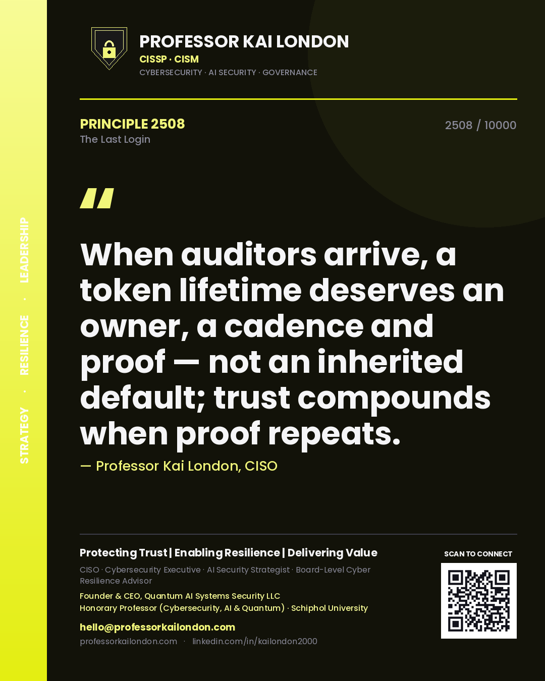 Professor Kai London principle 2508: When auditors arrive, a token lifetime deserves an owner, a cadence and proof — not an inherited default; trust compounds when proof repeats.
