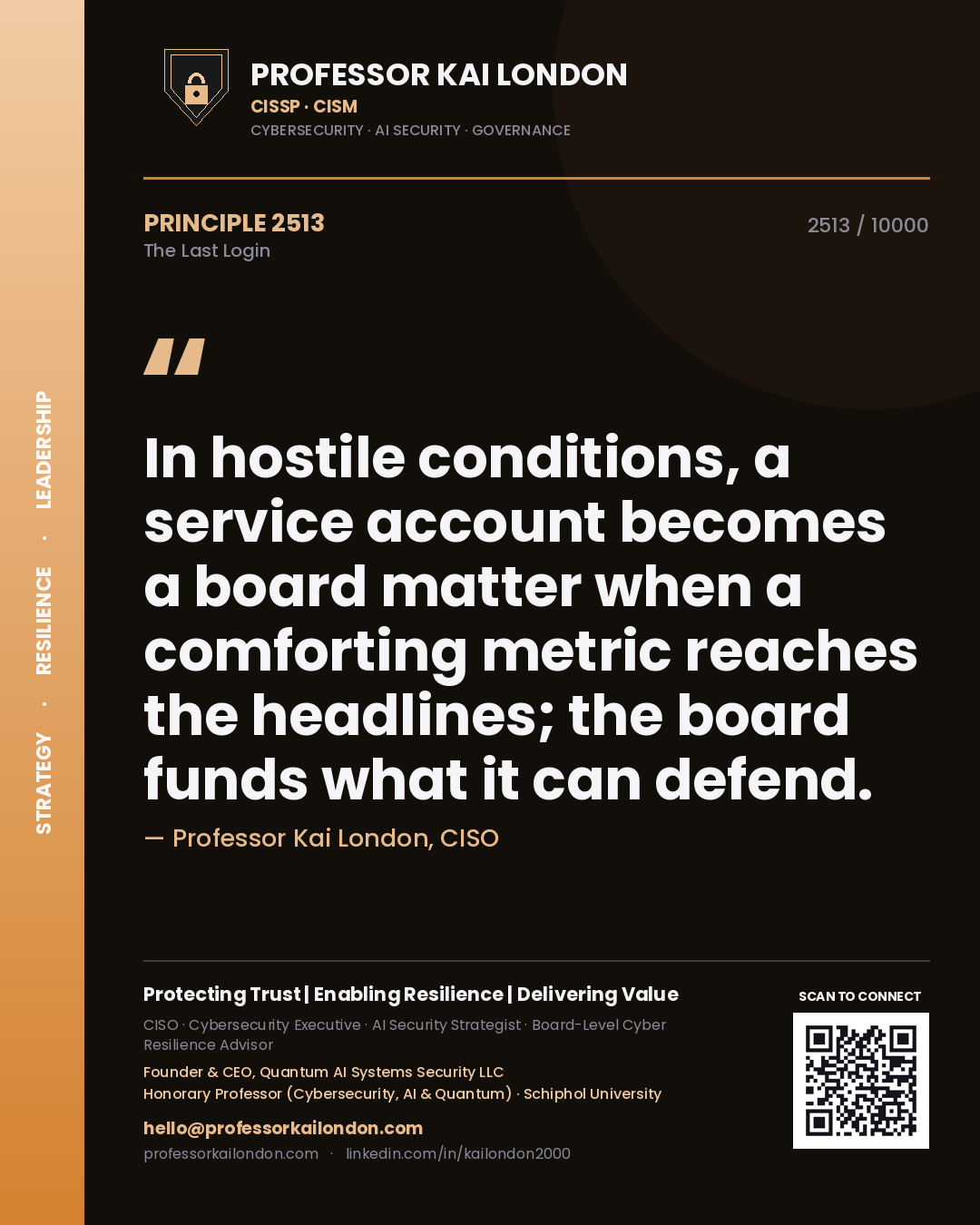 Quote card by Professor Kai London reading 'In hostile conditions, a service account becomes a board matter when a comforting metric reaches the headlines; the board funds what it can defend.'. From the book The Last Login.
