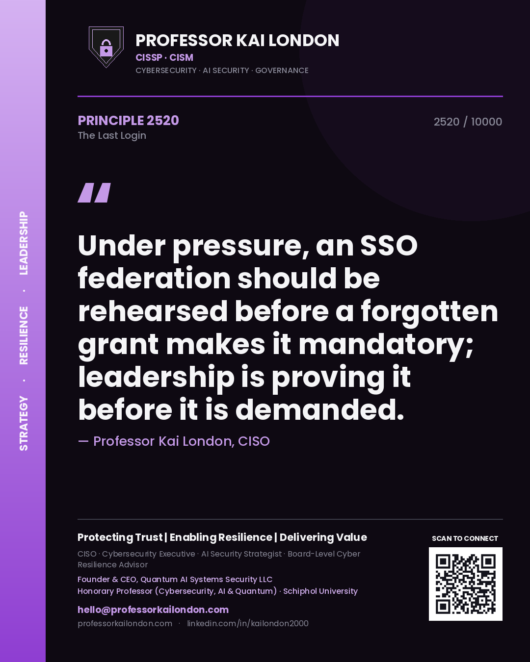 Professor Kai London principle 2520: Under pressure, an SSO federation should be rehearsed before a forgotten grant makes it mandatory; leadership is proving it before it is demanded.