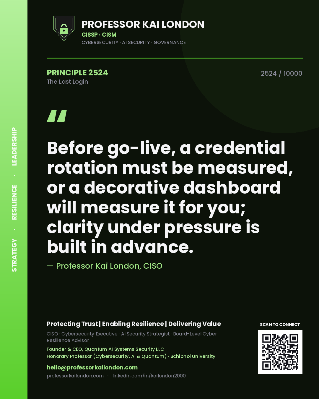 Quote card by Professor Kai London reading 'Before go-live, a credential rotation must be measured, or a decorative dashboard will measure it for you; clarity under pressure is built in advance.'. From the book The Last Login.