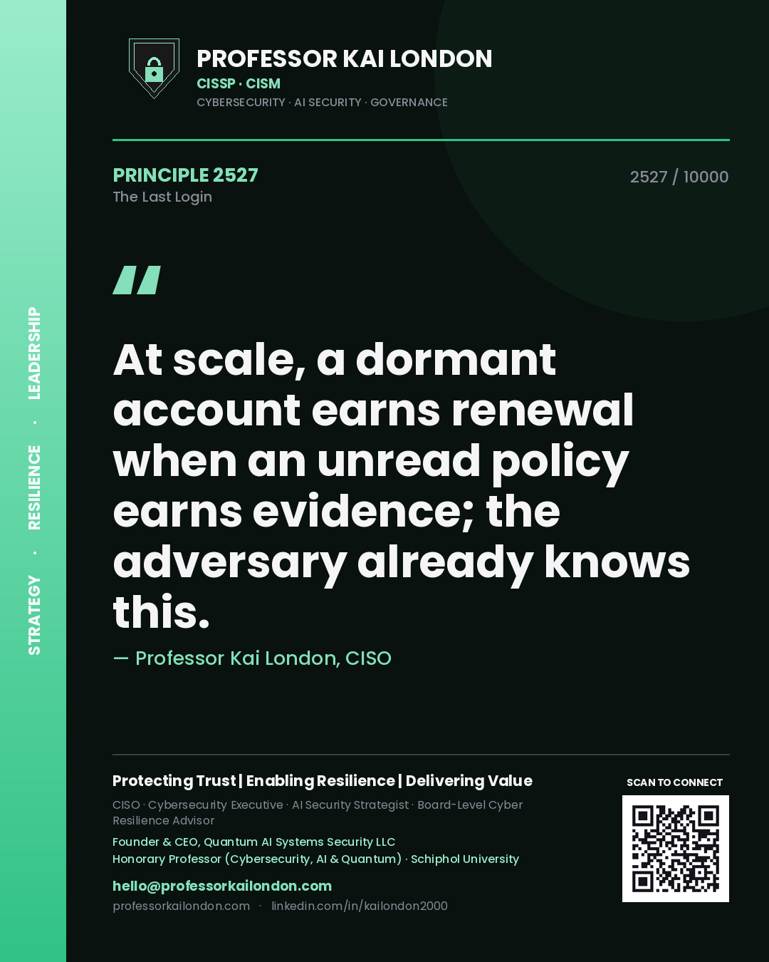 Quote card by Professor Kai London reading 'At scale, a dormant account earns renewal when an unread policy earns evidence; the adversary already knows this.'. From the book The Last Login.