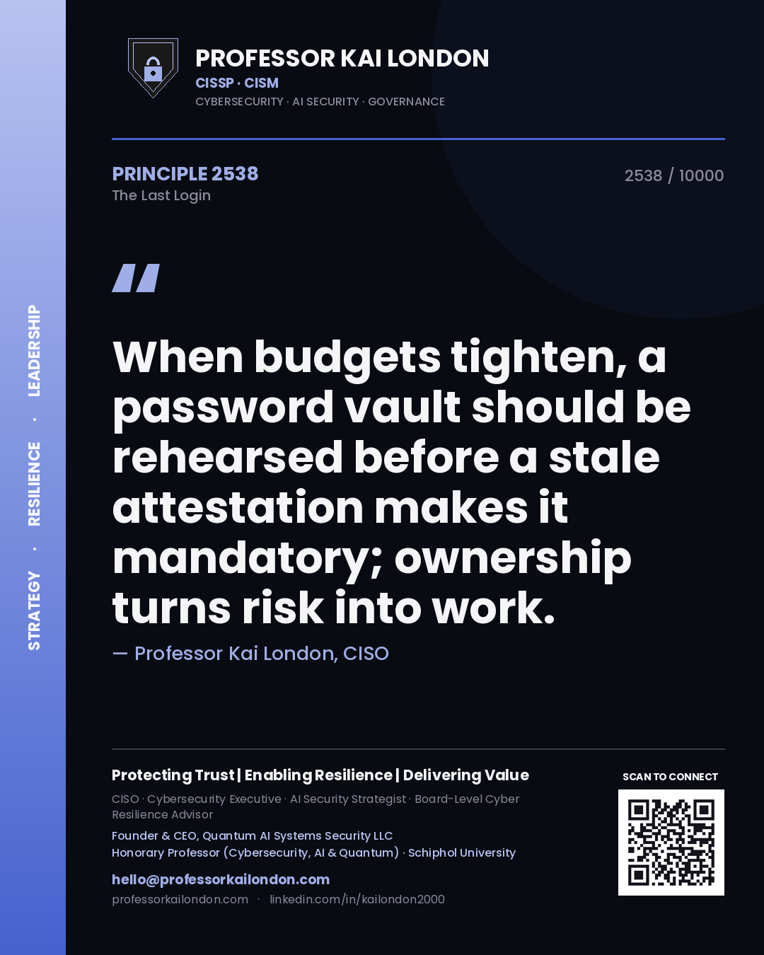 Quote card by Professor Kai London reading 'When budgets tighten, a password vault should be rehearsed before a stale attestation makes it mandatory; ownership turns risk into work.'. From the book The Last Login.