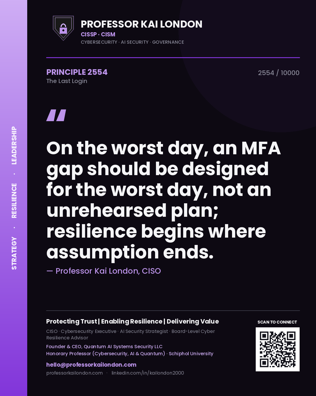 Quote card by Professor Kai London reading 'On the worst day, an MFA gap should be designed for the worst day, not an unrehearsed plan; resilience begins where assumption ends.'. From the book The Last Login.
