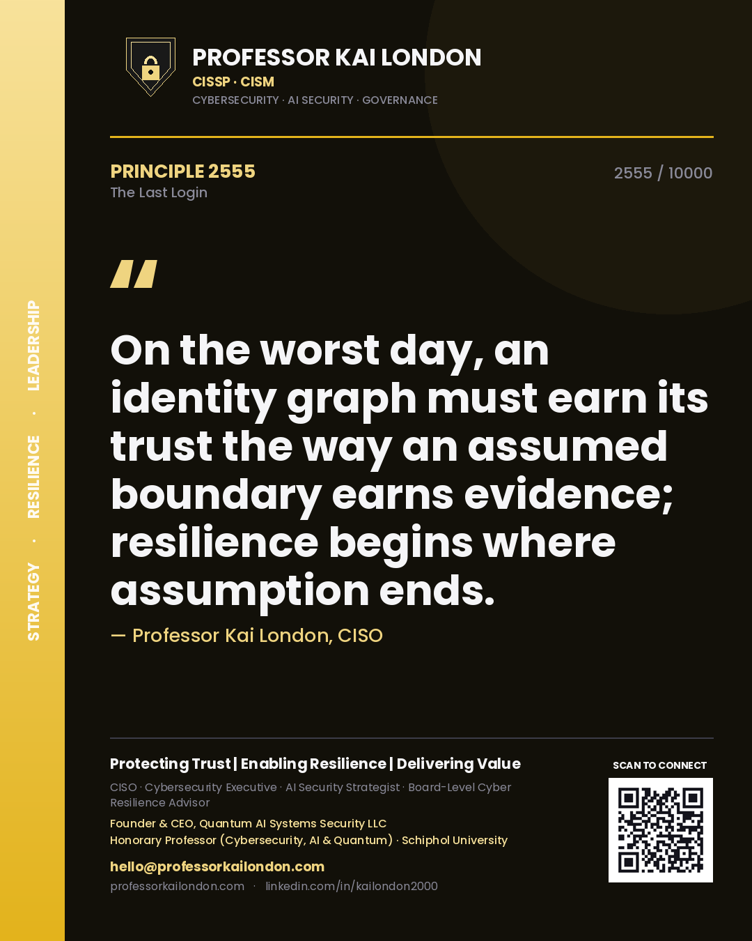 Quote card by Professor Kai London reading 'On the worst day, an identity graph must earn its trust the way an assumed boundary earns evidence; resilience begins where assumption ends.'. From the book The Last Login.