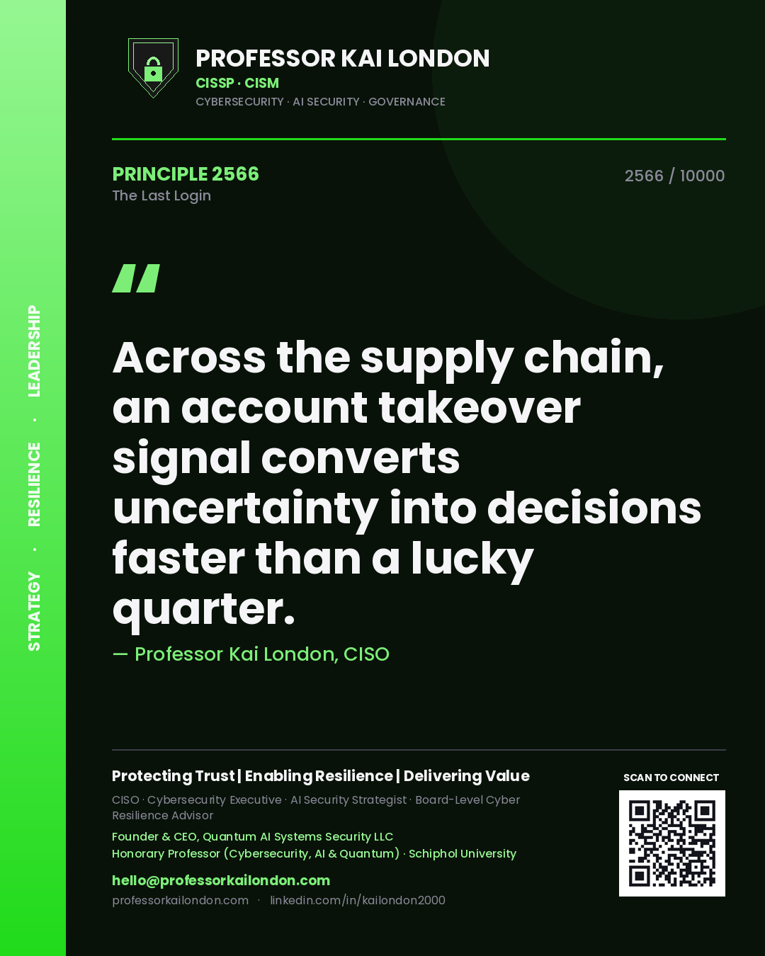 Quote card by Professor Kai London reading 'Across the supply chain, an account takeover signal converts uncertainty into decisions faster than a lucky quarter.'. From the book The Last Login.