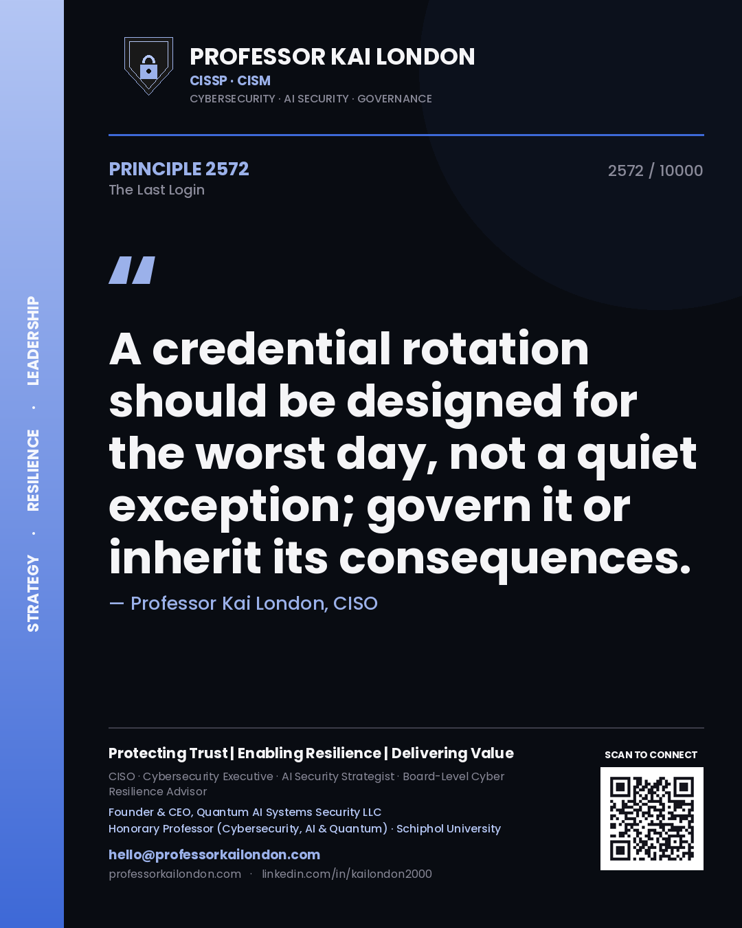 Quote card by Professor Kai London reading 'A credential rotation should be designed for the worst day, not a quiet exception; govern it or inherit its consequences.'. From the book The Last Login.