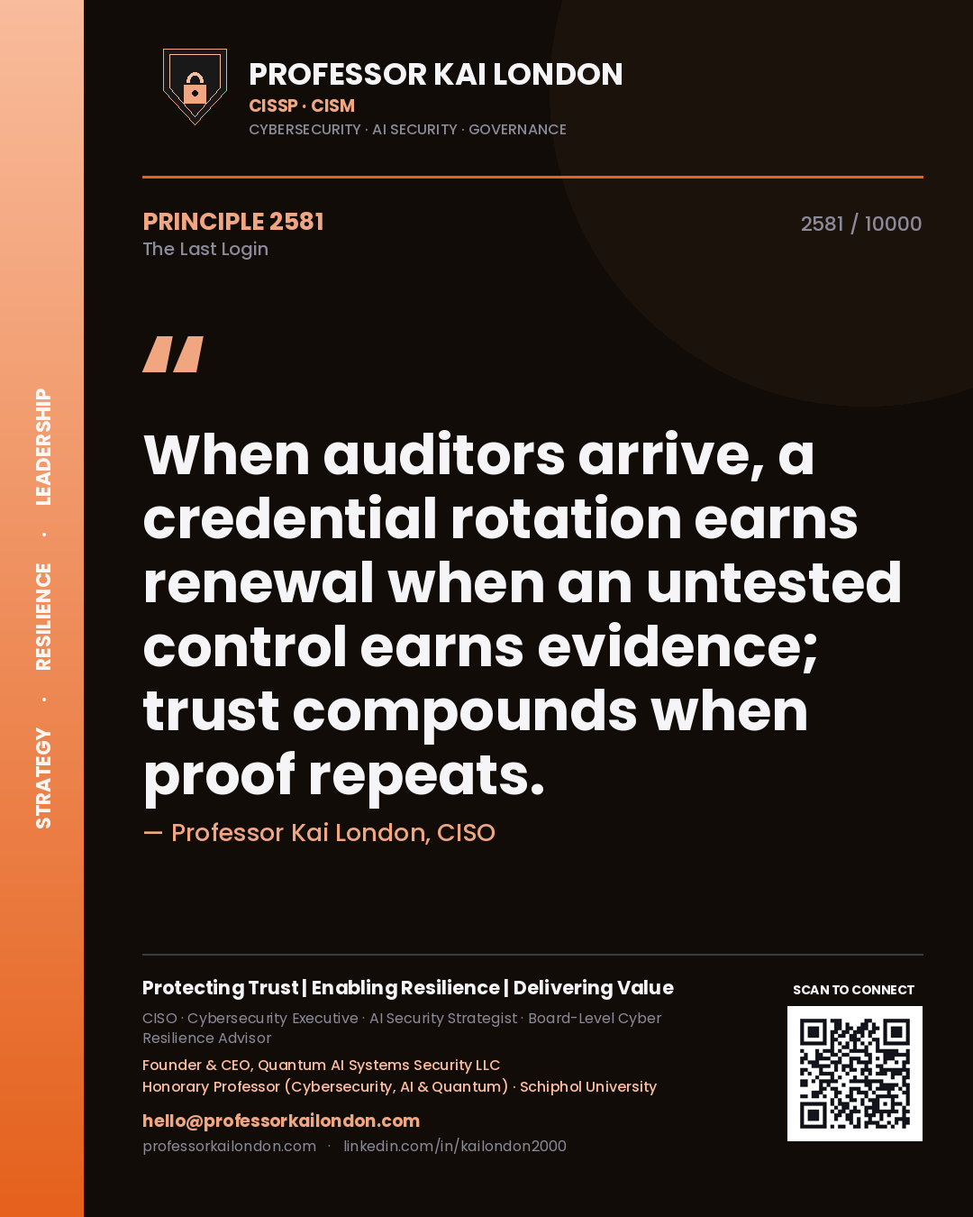 Quote card by Professor Kai London reading 'When auditors arrive, a credential rotation earns renewal when an untested control earns evidence; trust compounds when proof repeats.'. From the book The Last Login.