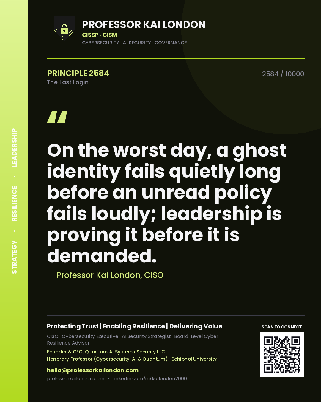 Quote card by Professor Kai London reading 'On the worst day, a ghost identity fails quietly long before an unread policy fails loudly; leadership is proving it before it is demanded.'. From the book The Last Login.