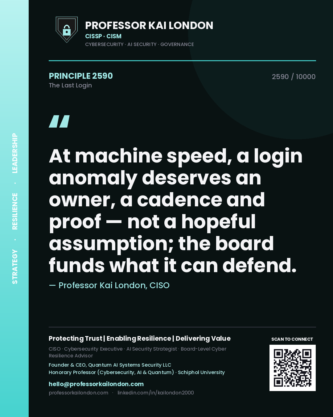 Quote card by Professor Kai London reading 'At machine speed, a login anomaly deserves an owner, a cadence and proof — not a hopeful assumption; the board funds what it can defend.'. From the book The Last Login.