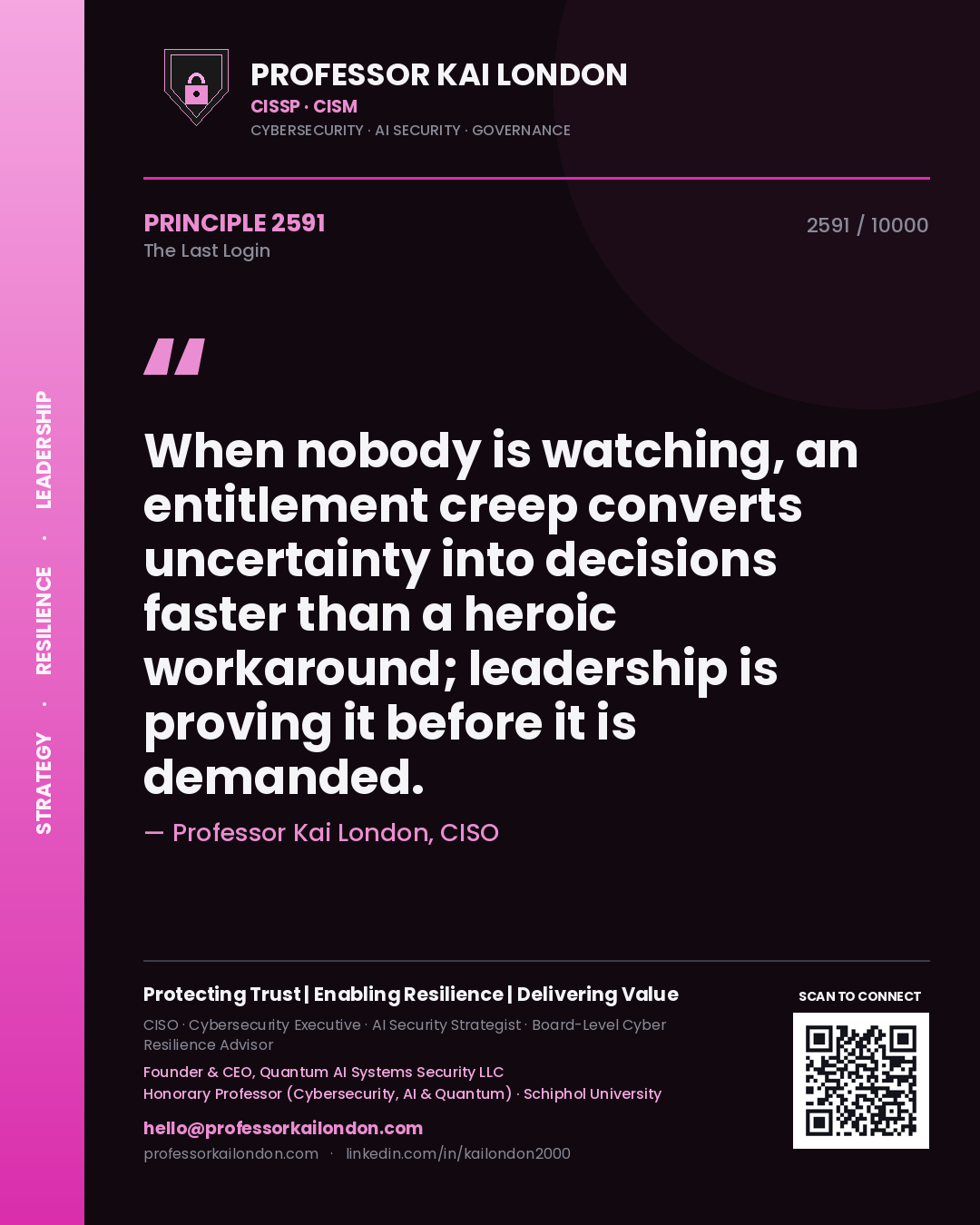 Professor Kai London principle 2591: When nobody is watching, an entitlement creep converts uncertainty into decisions faster than a heroic workaround; leadership is proving it before it is demanded.