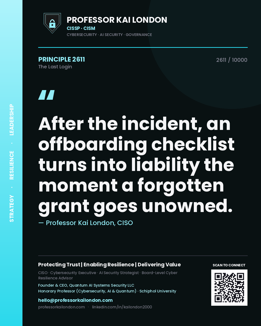 Quote card by Professor Kai London reading 'After the incident, an offboarding checklist turns into liability the moment a forgotten grant goes unowned.'. From the book The Last Login.