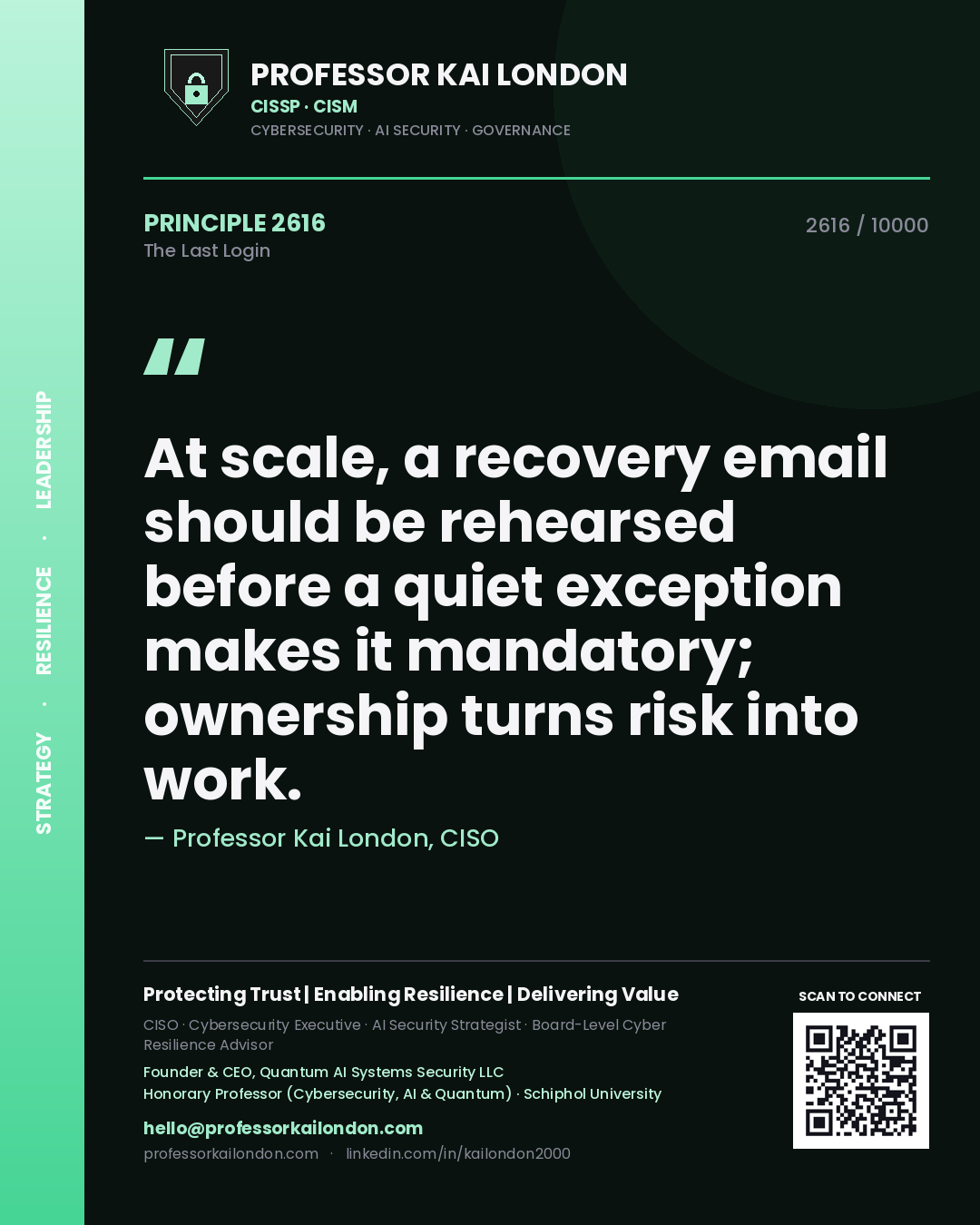 Professor Kai London principle 2616: At scale, a recovery email should be rehearsed before a quiet exception makes it mandatory; ownership turns risk into work.