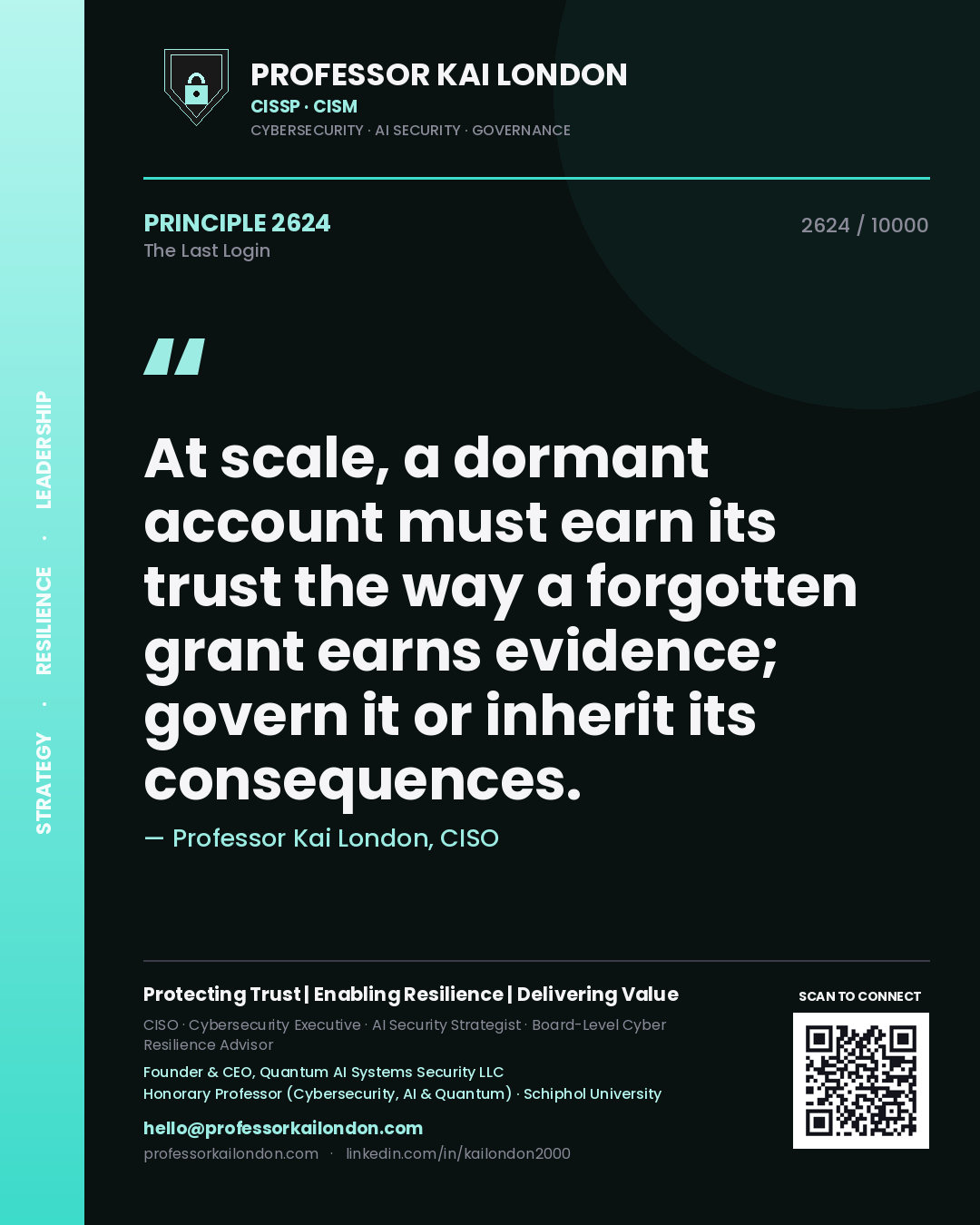 Professor Kai London principle 2624: At scale, a dormant account must earn its trust the way a forgotten grant earns evidence; govern it or inherit its consequences.