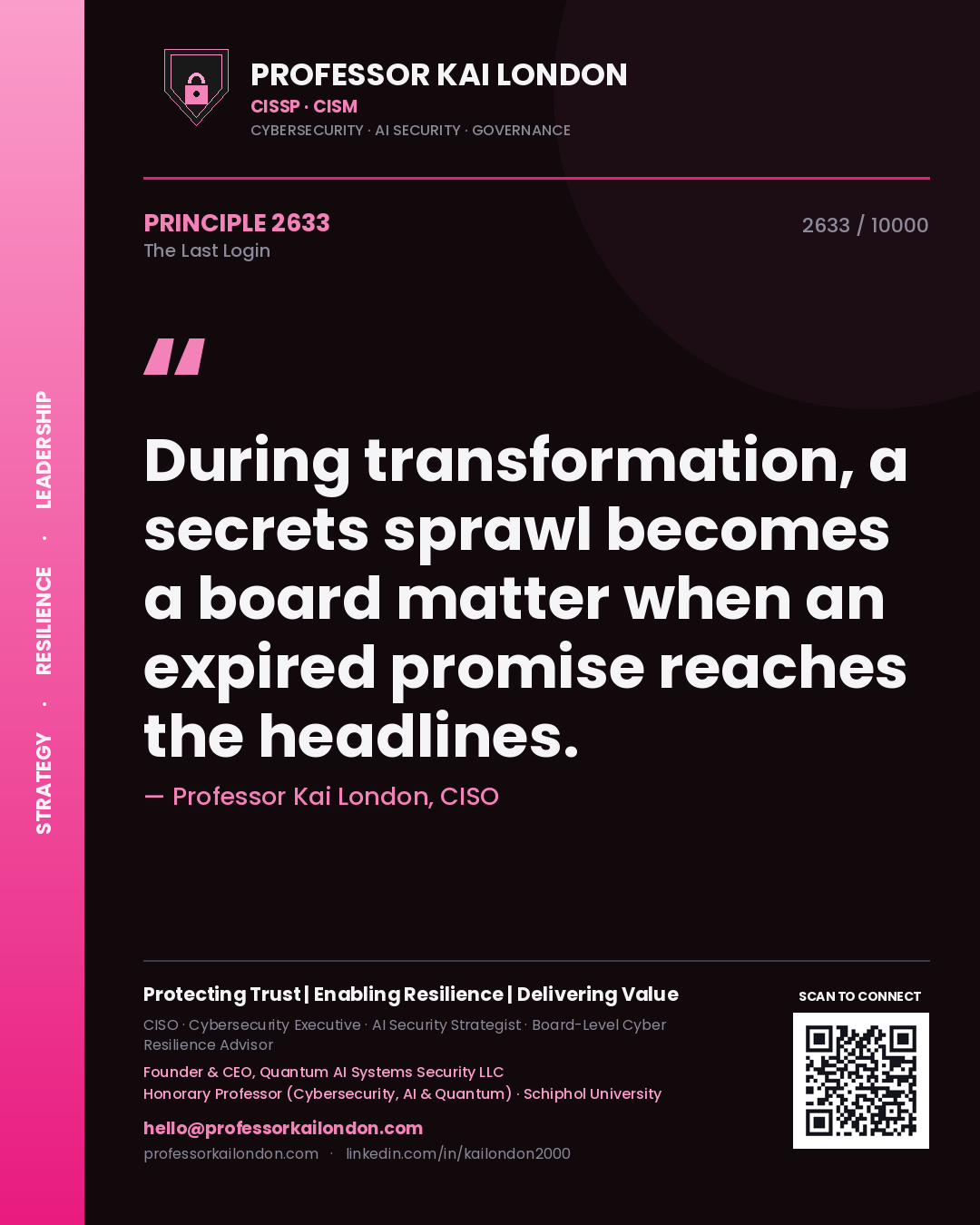 Quote card by Professor Kai London reading 'During transformation, a secrets sprawl becomes a board matter when an expired promise reaches the headlines.'. From the book The Last Login.