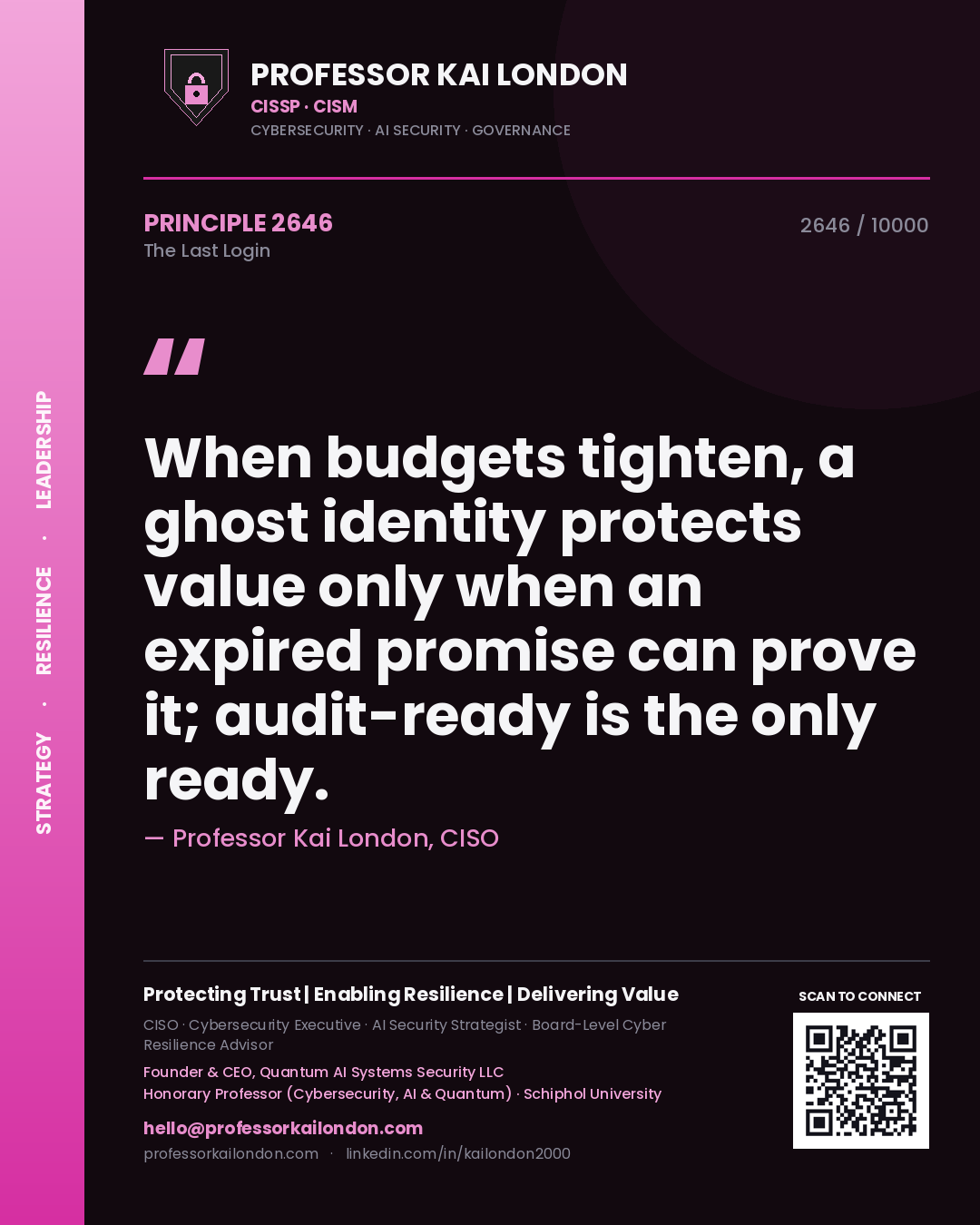 Professor Kai London principle 2646: When budgets tighten, a ghost identity protects value only when an expired promise can prove it; audit-ready is the only ready.